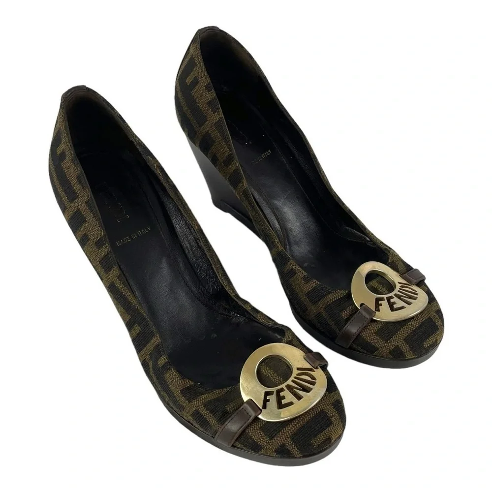 Fendi Zucca Print with big metal FF logo wedge size 36 1/2 / 6 1/2 with flaws
